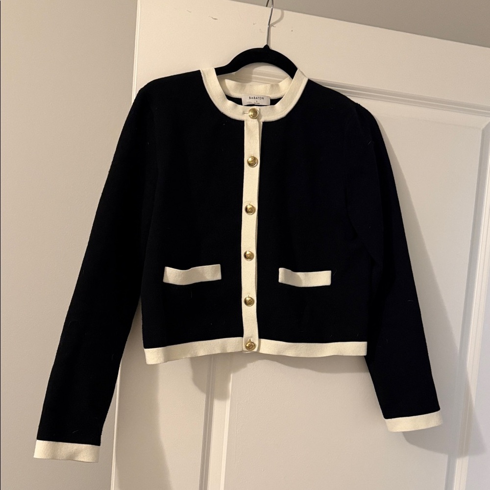Aritzia Black and Cream Button-Front Cropped Cardigan